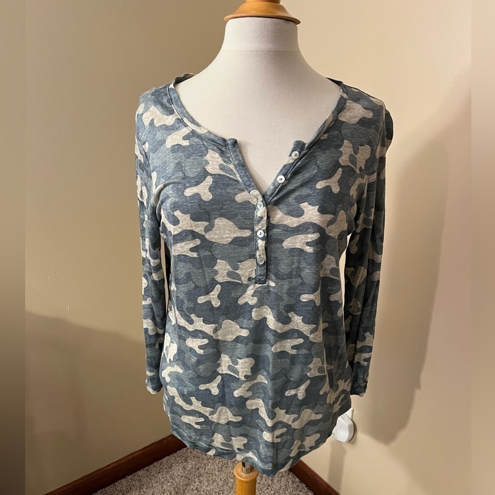 Nicole Miller Camo 3/4 Sleeve 100% Linen Shirt Sz S